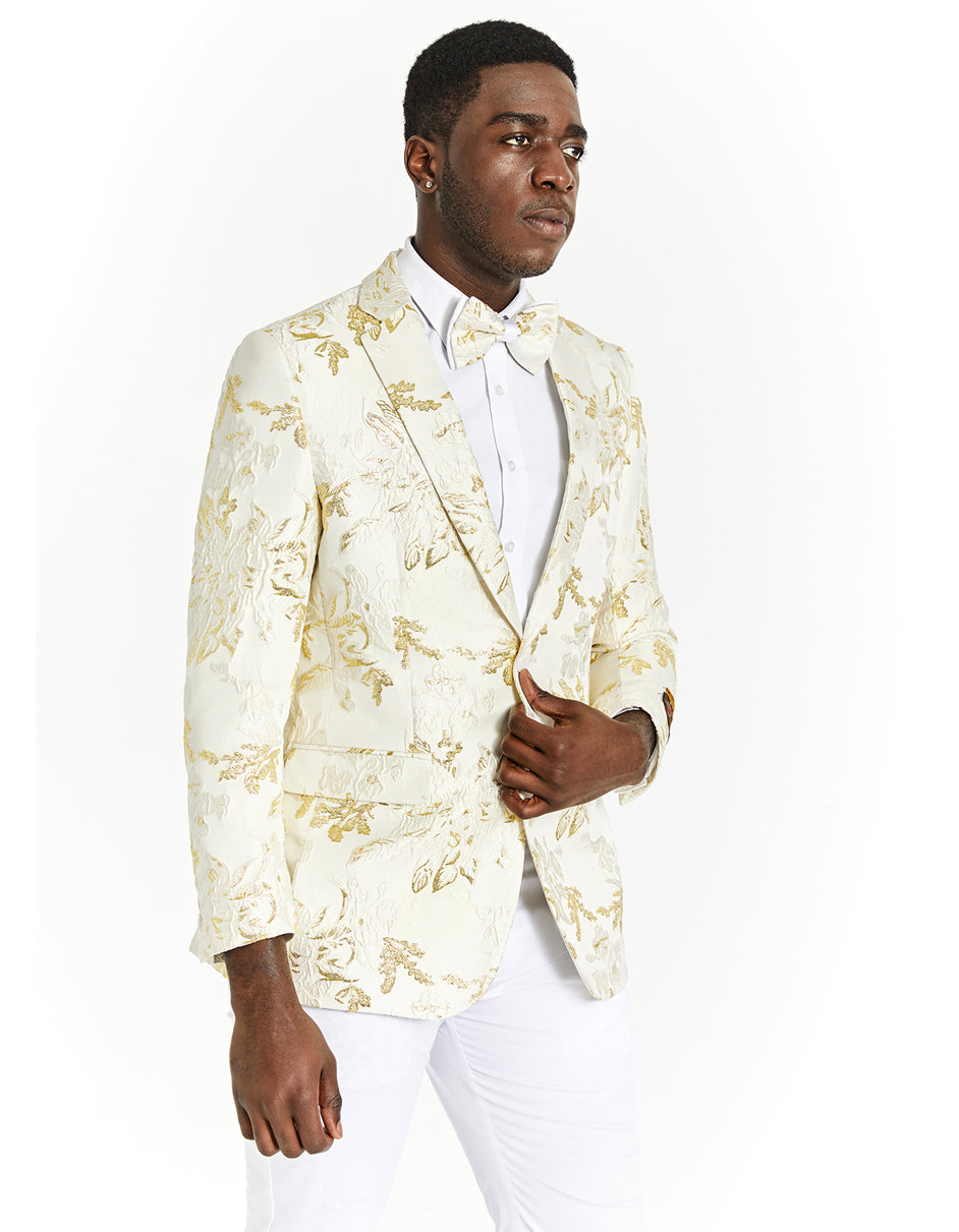 Mens Skinny Fit Ivory & Gold Floral Prom Tuxedo Blazer - Men's Tuxedo USA