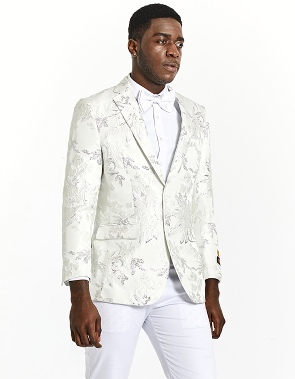 Mens Modern Fit White & Silver Floral Prom Tuxedo Blazer - Men's Tuxedo USA