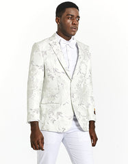 Mens Modern Fit White & Silver Floral Prom Tuxedo Blazer - Men's Tuxedo USA