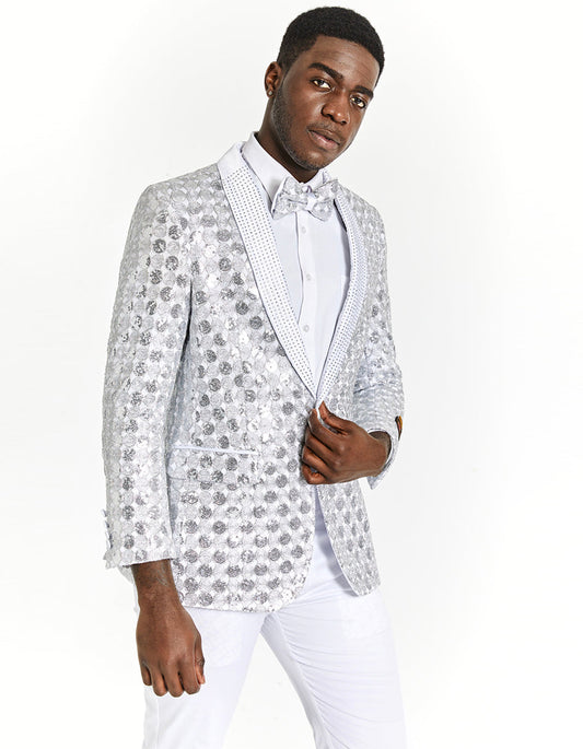 Mens Slim Fit Shiny Silver Sequin Prom Tuxedo Blazer With Rhinestones - Men's Tuxedo USA