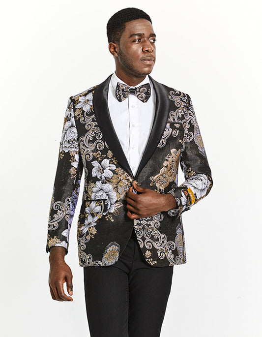 Mens Slim Fit Prom Tuxedo Blazer in Black and Silver Floral Design - Men's Tuxedo USA