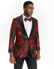 Mens Black & Red Paisley Floral Prom Tuxedo Dinner Jacket - Men's Tuxedo USA