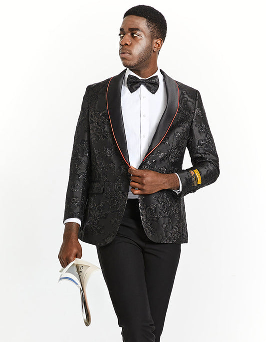 Mens Black Paisley Prom Tuxedo Blazer with Red Trim - Men's Tuxedo USA