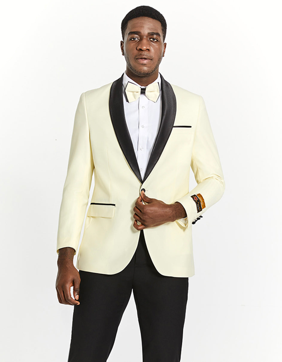 Mens Modern Fit Ivory Prom Tuxedo Dinner Jacket with Black Shawl Lapel - Men's Tuxedo USA