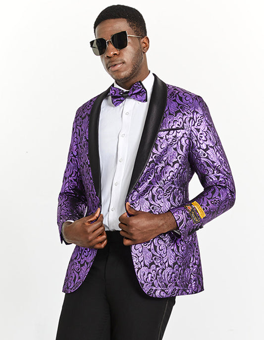 Mens Black & Purple Paisley Prom Tuxedo Smoking Jacket - Men's Tuxedo USA