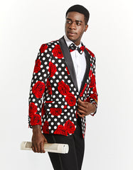 Mens Black & White Polka Dot Prom Tuxedo Blazer with Red Roses - Men's Tuxedo USA