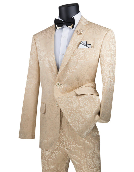 Mens 2 Button Slim Fit Paisley Prom Suit in Beige - Men's Tuxedo USA