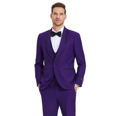 New Tazio Birdseye Textured Black Purple Tuxedo | Shawl Collar Satin Trim 3-Piece - Men's Tuxedo USA