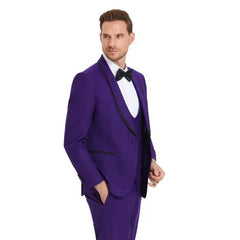 New Tazio Birdseye Textured Black Purple Tuxedo | Shawl Collar Satin Trim 3-Piece - Men's Tuxedo USA