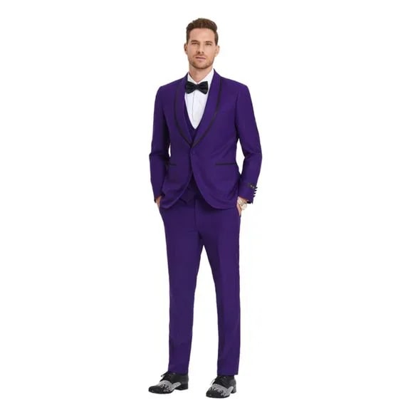 New Tazio Birdseye Textured Black Purple Tuxedo | Shawl Collar Satin Trim 3-Piece - Men's Tuxedo USA