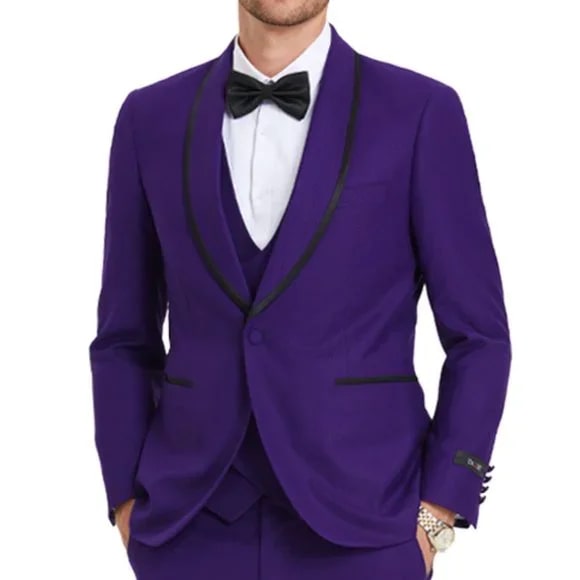 New Tazio Birdseye Textured Black Purple Tuxedo | Shawl Collar Satin Trim 3-Piece - Men's Tuxedo USA