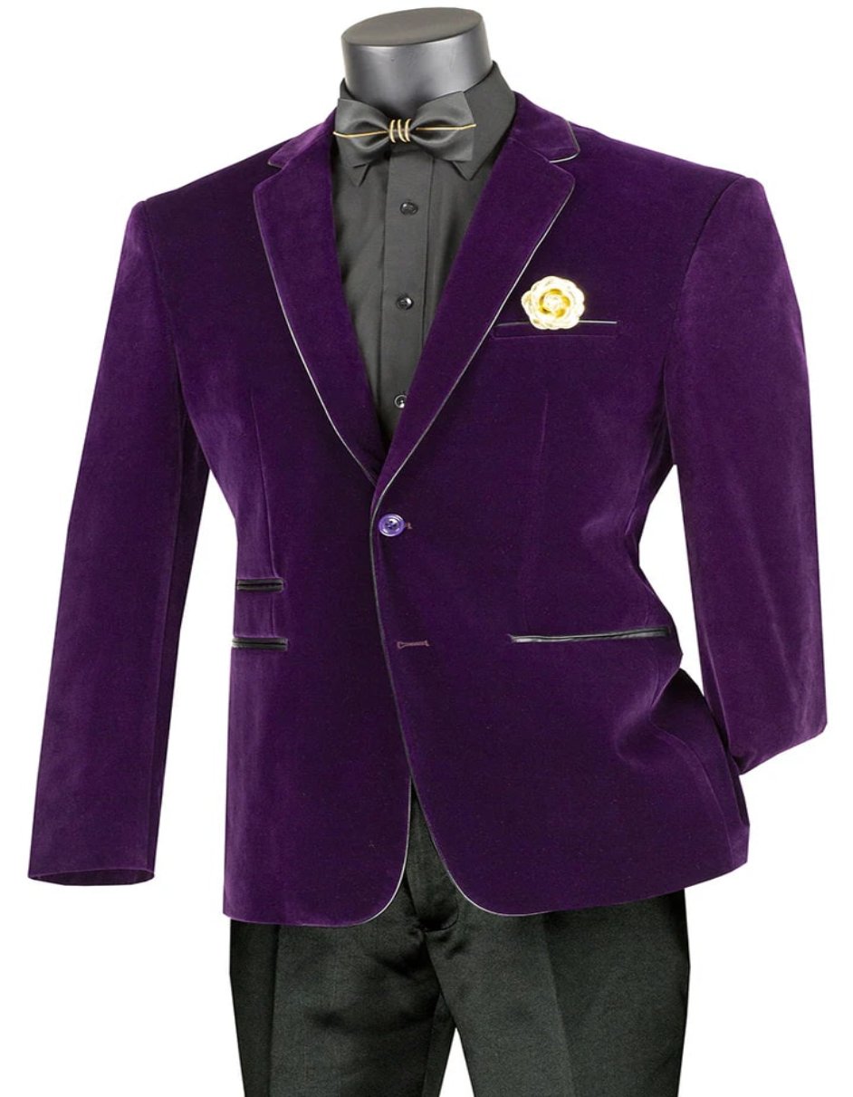 Mens Two Button Velvet Purple with Black Leather Piping Trim Blazer - Men's Tuxedo USA