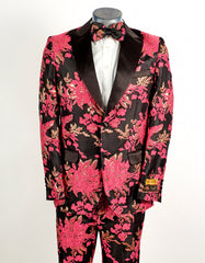 Mens 2 Button Hot Pink Fuschia & Black Floral Paisley Tuxedo - Men's Tuxedo USA