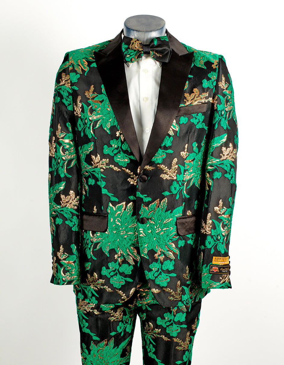 Mens 2 Button Hunter Green, Gold, & Black Floral Paisley Tuxedo Tuxedo - Men's Tuxedo USA