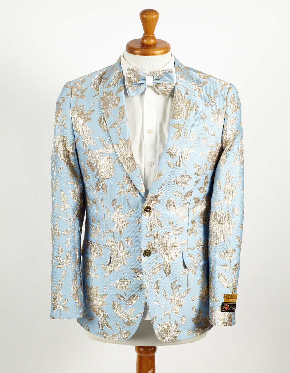 Mens 2 Button Sky Blue & Silver Foil Paisley Prom & Wedding Blazer - Men's Tuxedo USA