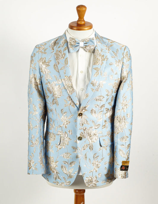 Mens 2 Button Sky Blue & Silver Foil Paisley Prom & Wedding Blazer - Men's Tuxedo USA