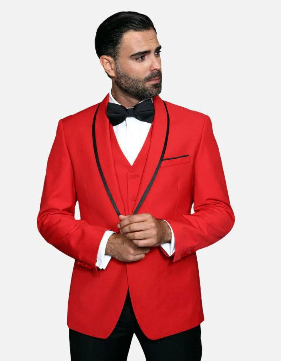 Statement Men's Red Vested with Black Trim Fine Lapel 100% Wool Tuxedo - Men's Tuxedo USA