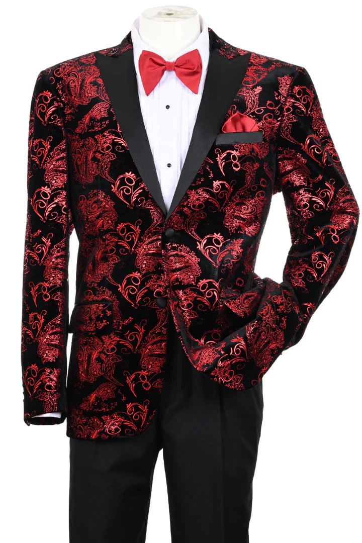 Mens Blazer - Cheap Priced Mens Sport Coat - Men's Modern Fit Velvet Floral Paisley Foil Tuxedo Jacket In Red & Black - Men's Tuxedo USA