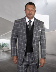 Mens 2 Button Wide Peak Lapel Suit with Double Breasted Shawl Lapel Vest in Black Windowpane - Men's Tuxedo USA