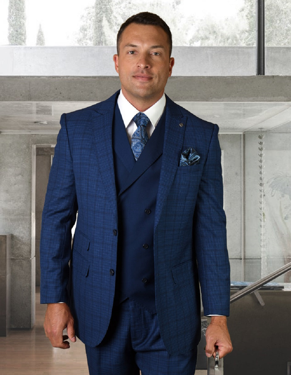 Mens 2 Button Wide Peak Lapel Suit with Double Breasted Shawl Lapel Vest in Sapphire Windowpane - Men's Tuxedo USA