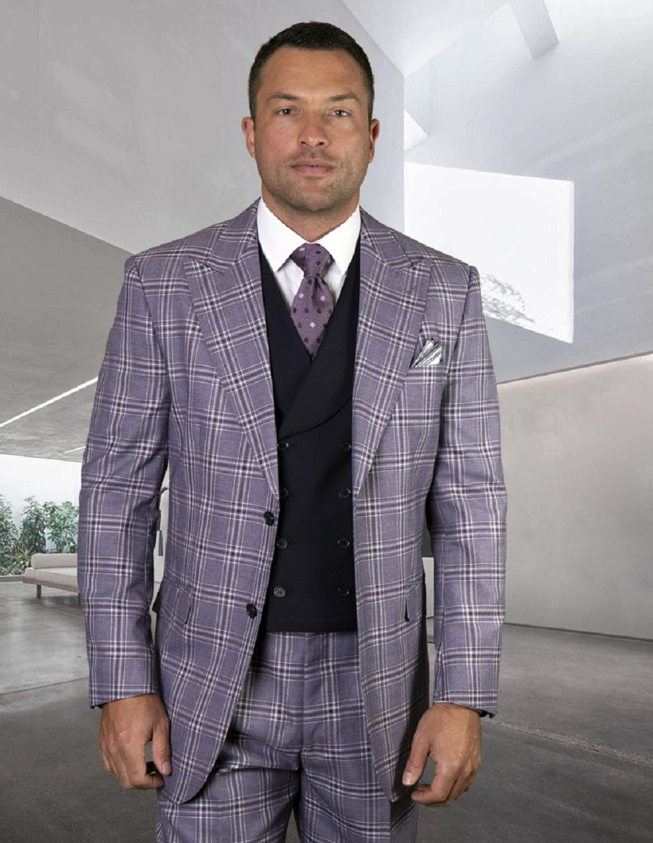 Mens 2 Button Wide Peak Lapel Suit with Double Breasted Shawl Lapel Vest in Eggplant Windowpane - Men's Tuxedo USA