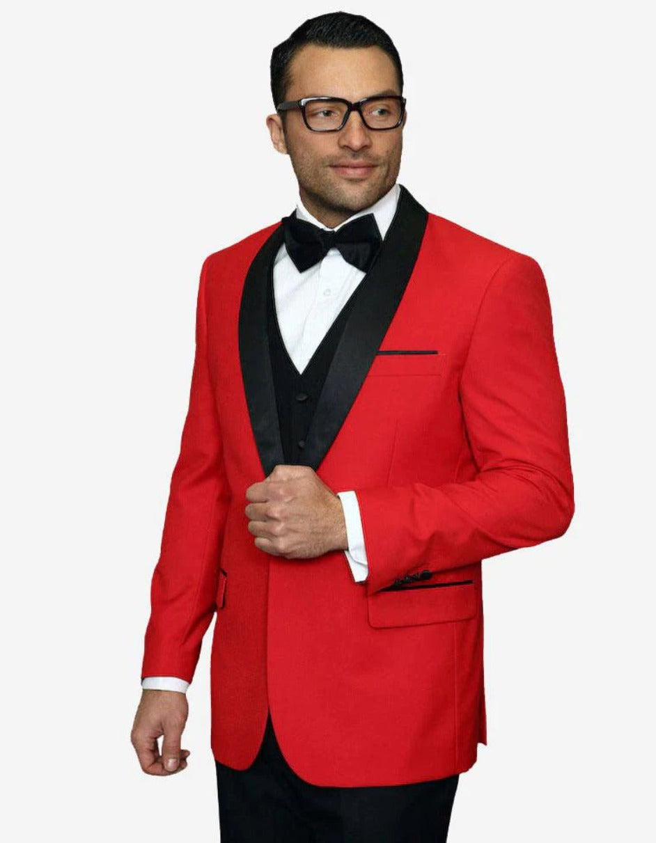 Statement Men's Red with Black Lapel Vested 100% Wool Tuxedo - Men's Tuxedo USA