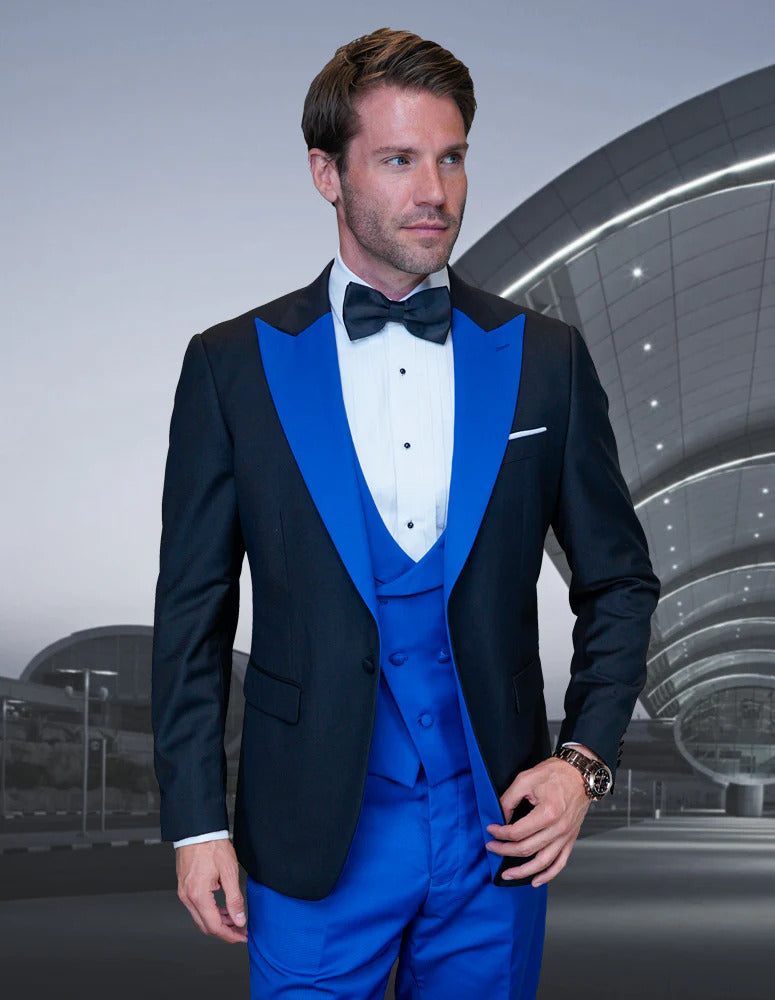 Statement Men's Black Vested with Royal Blue Peak Lapel 100% Wool Tuxedo - Men's Tuxedo USA