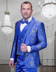 Statement Men's Royal Blue Patterned Vested Tuxedo with Bowtie - Men's Tuxedo USA