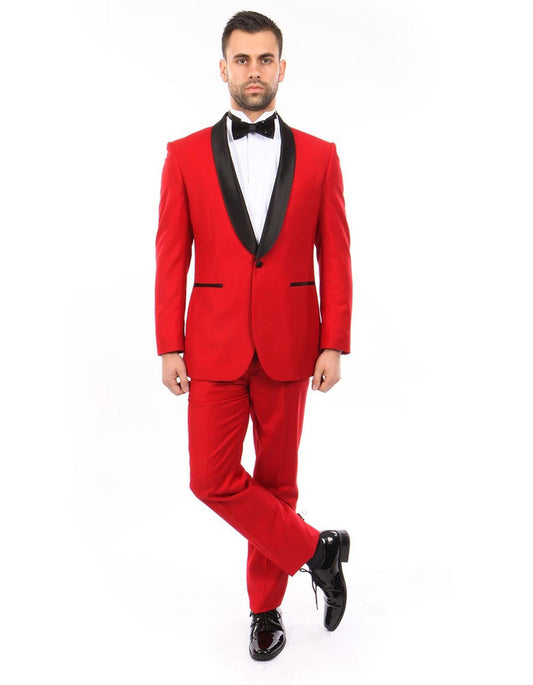 Mens Modern Fit Wool Shawl Prom Tuxedo in Red - Men's Tuxedo USA