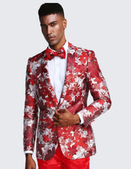 Red One Button Floral Tuxedo Jacket Slim Fit - Wedding - Prom