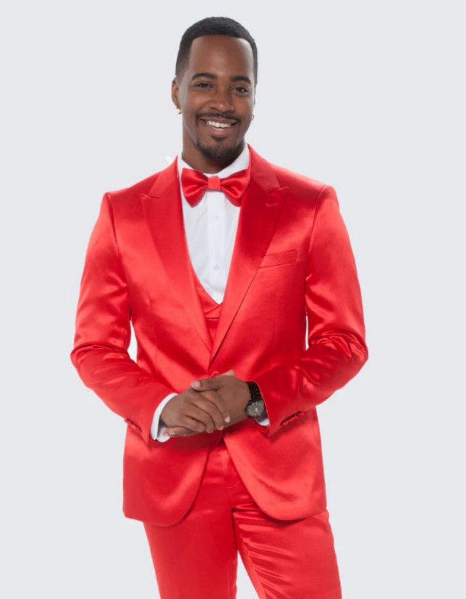 Red Satin Tuxedo Four Piece Set Slim Fit - Wedding - Prom