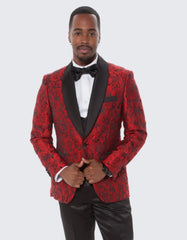 Red Tuxedo with Floral Design One Button Four Piece Set - Wedding - Prom