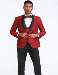 Red Tuxedo with Floral Pattern Shawl Label Four Piece Set - Wedding - Prom