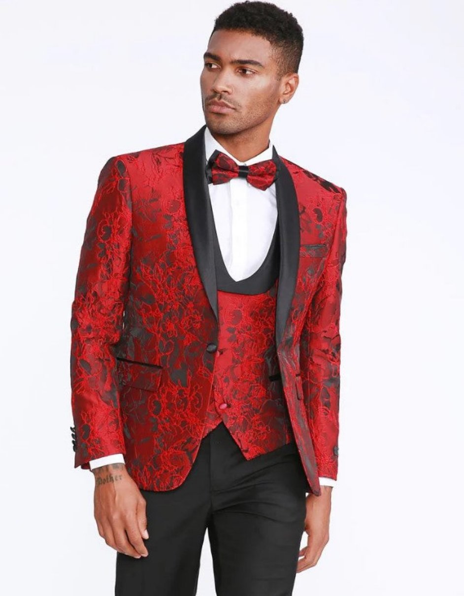 Red Tuxedo with Floral Pattern Shawl Label Four Piece Set - Wedding - Prom