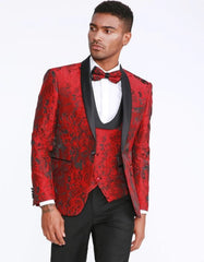 Red Tuxedo with Floral Pattern Shawl Label Four Piece Set - Wedding - Prom