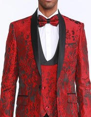 Red Tuxedo with Floral Pattern Shawl Label Four Piece Set - Wedding - Prom