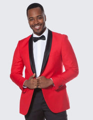 Red Tuxedo Jacket with Black Center Vent Satin Shawl Lapel Slim Fit - Wedding - Prom