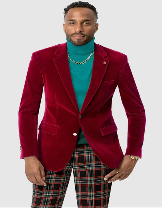 Mens Two Button Modern Fit Velvet Red Blazer - Men's Tuxedo USA