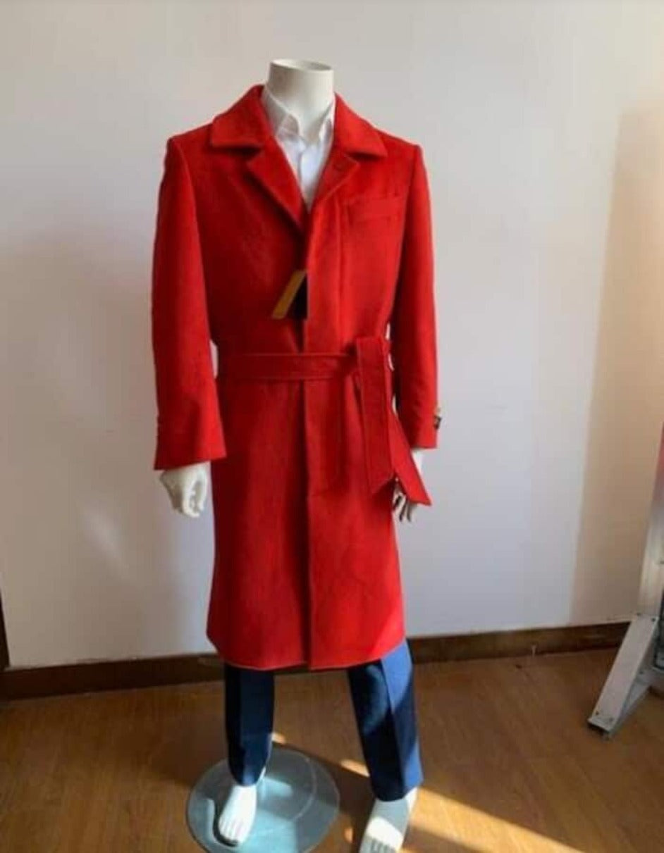 Mens Overcoat - Topcoat For Men - Winter Fabric - Full Length Overcoat - Wool Belted Topcoat Red - Men's Tuxedo USA