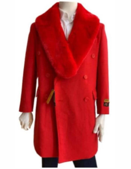 Mens Overcoat - Topcoat For Men - Winter Fabric - Red Mens Overcoat - Wool Double Breasted Peacoat With Fur Collar - Men's Tuxedo USA