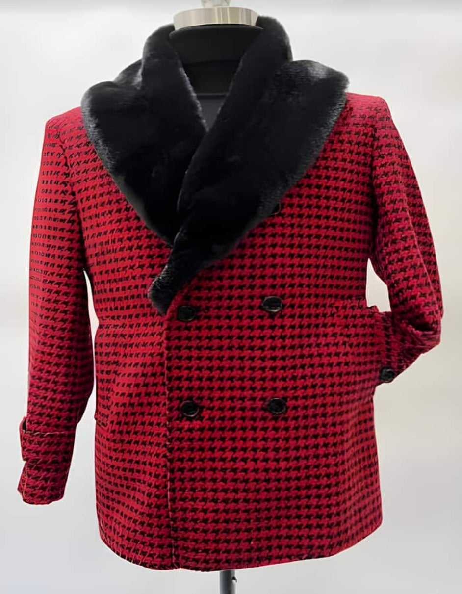 Mens Overcoat - Topcoat For Men - Winter Fabric - Mens Plaid Overcoat - Hounstooth Checker Pattern Topcoat - Red - Men's Tuxedo USA