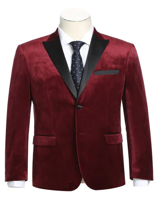 Mens Two Button Peak Lapel Velvet Red Prom Tuxedo Blazer - Men's Tuxedo USA