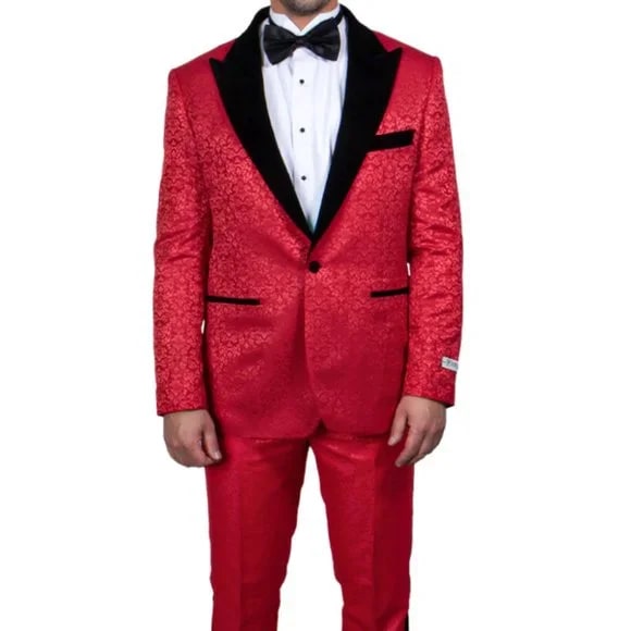 Exclusive Stacy Adams Velvet Paisley 2-PC Tuxedo Suit, Red and Black - Men's Tuxedo USA