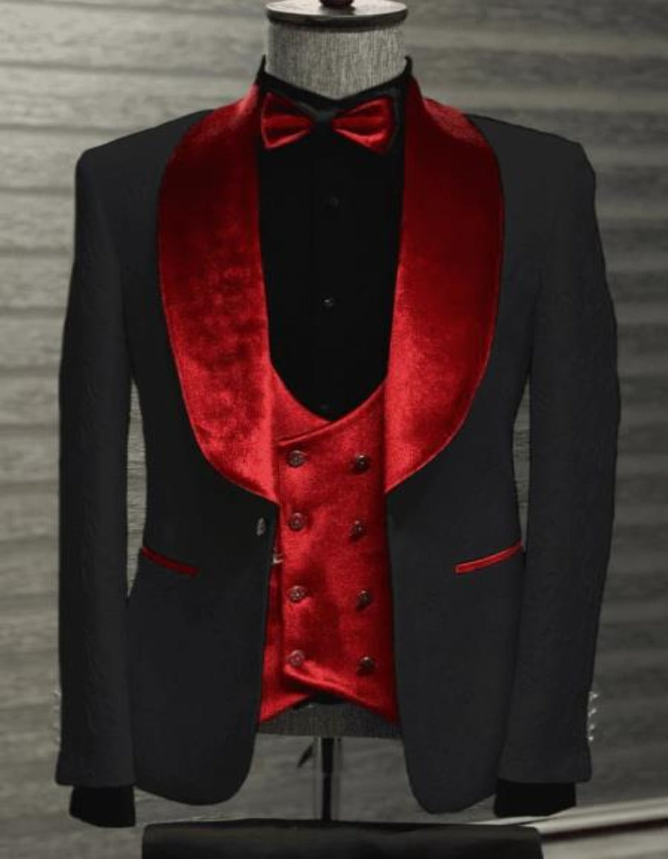 Black And Red Velvet Lapel Tuxedo - Red Wedding Tuxedo - Two Toned - Men's Tuxedo USA