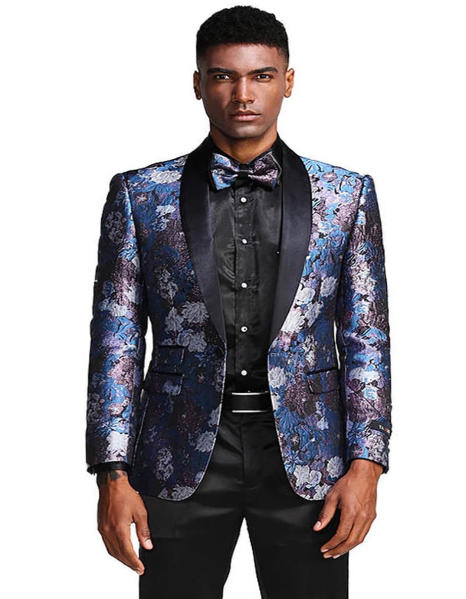 Mens Rose Tuxedo - Men's Slim Fit Shawl Lapel Paisley Floral Prom Blue Roses and Silver Tuxedo - Men's Tuxedo USA