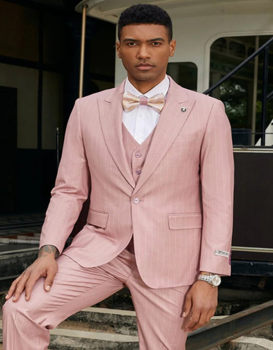 Men's Stacy Adam's One Button Vested Modern Rose Pink Pinstripe Suit - Men's Tuxedo USA