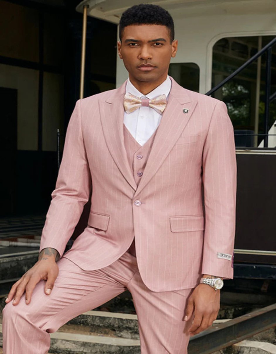 Mens Rose Tuxedo - Men's Stacy Adam's One Button Vested Modern Rose Pink Pinstripe Suit - Men's Tuxedo USA