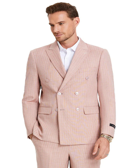 Mens Rose Tuxedo - Men's Slim Fit Double Breasted Summer Pastel Rose Pink Pinstripe Suit - Men's Tuxedo USA