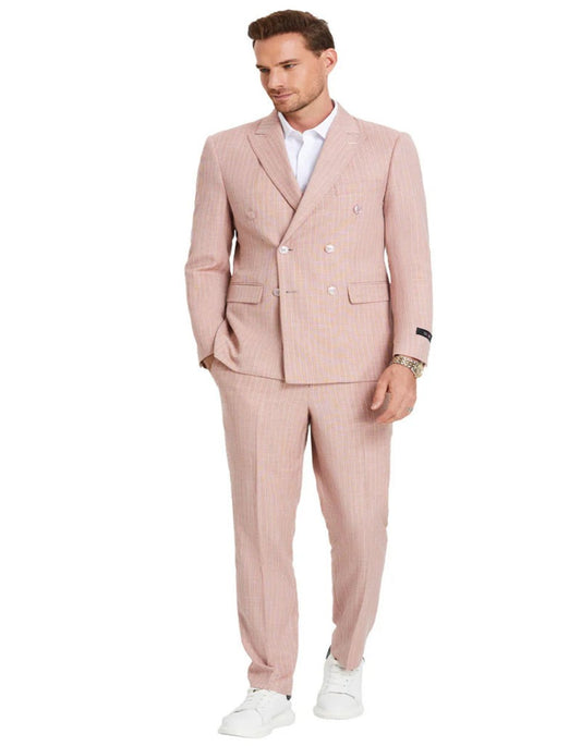 Mens Rose Tuxedo - Men's Slim Fit Double Breasted Summer Pastel Rose Pink Pinstripe Suit - Men's Tuxedo USA