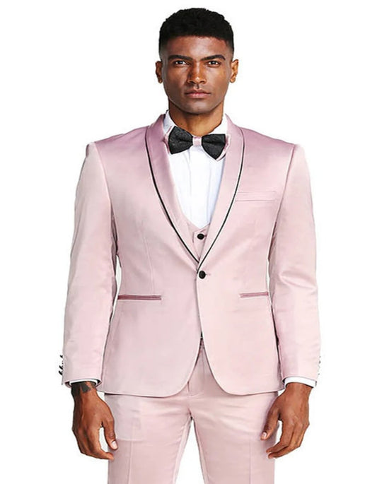 Men's Slim Fit Vested Shiny Satin Prom & Wedding Rose Pink Tuxedo Suit - Men's Tuxedo USA